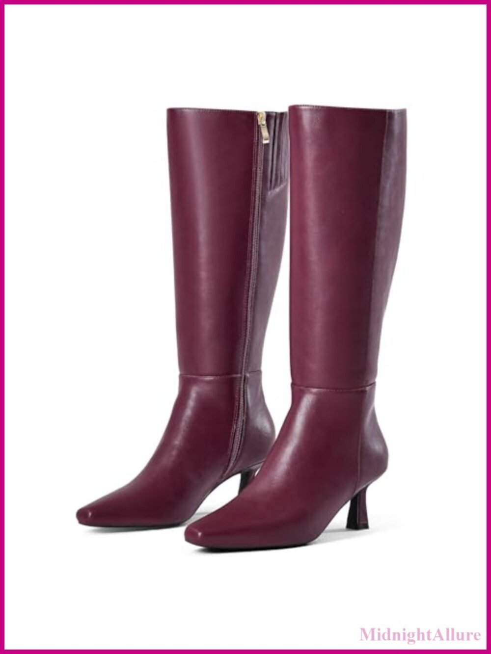 Kitten Heel Knee High Boots Square Toe Faux Leather Tall Dress Boots